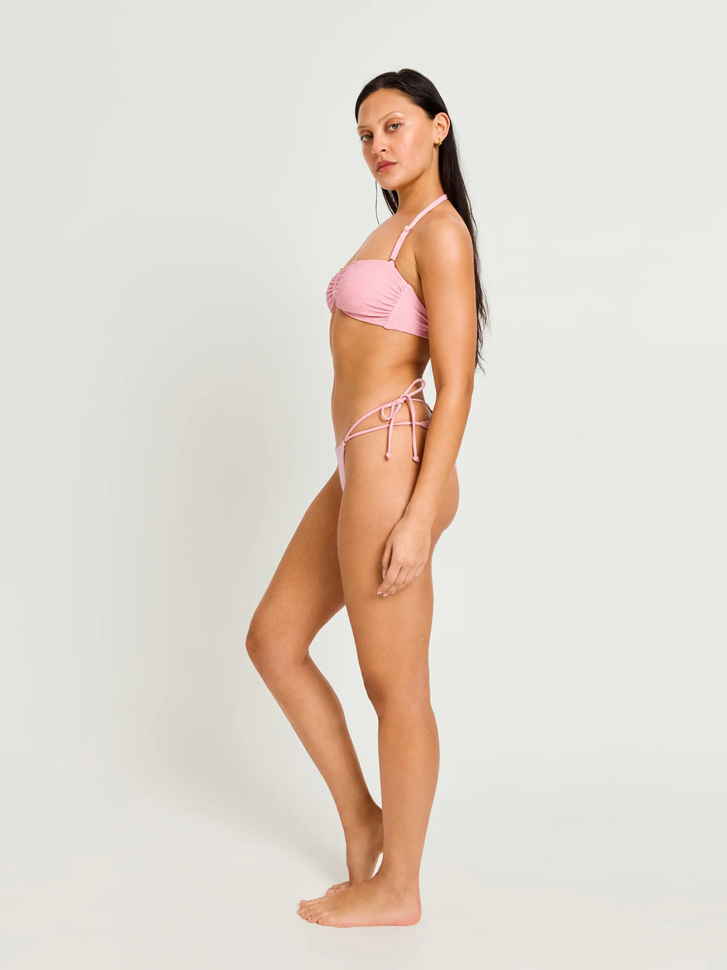 Swimwear Shimmer Tie Back Bandeau Top & Hi-Leg String Bottom Set Peony Pink - Image 3