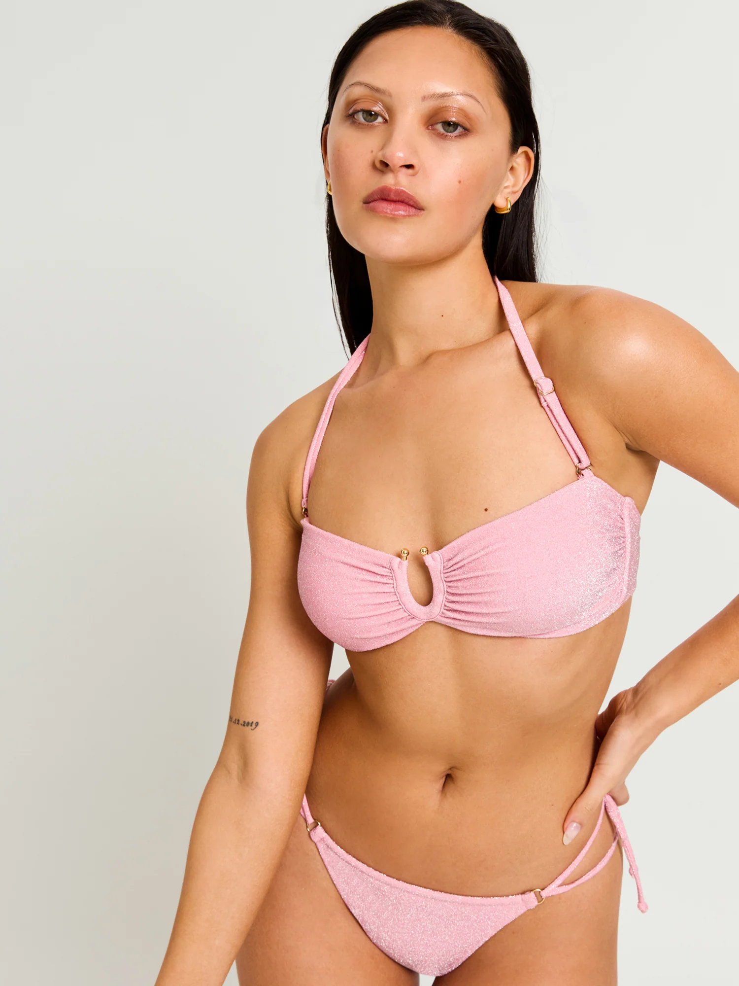 Swimwear Shimmer Tie Back Bandeau Top Peony Pink - Image 3